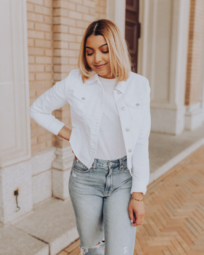 white jeans jacket outfit