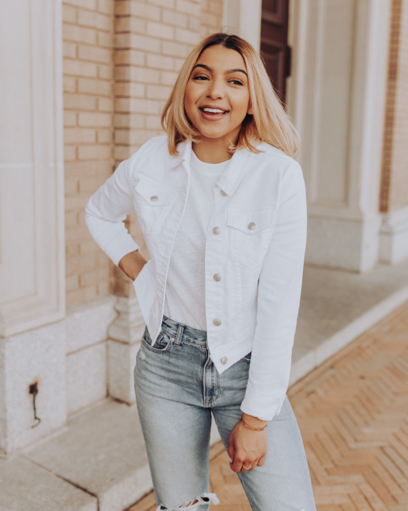 all white outfit with jean jacket