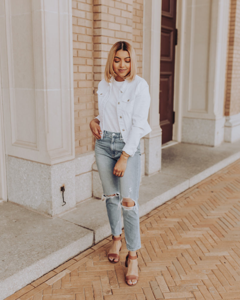 white jeans jacket outfit
